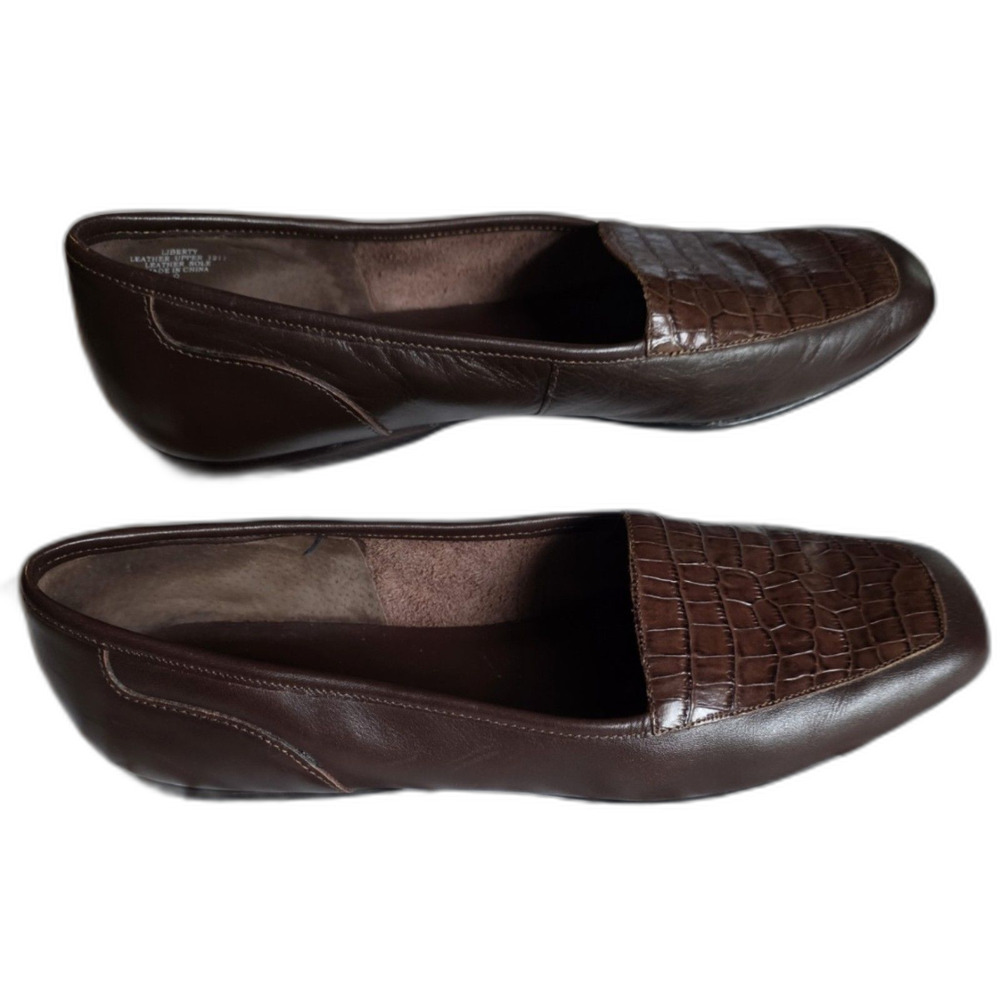 Vtg Enzo Angiolini Liberty Brown Leather Loafers Flats Womens 9N Croc Square Toe - Picture 3 of 4